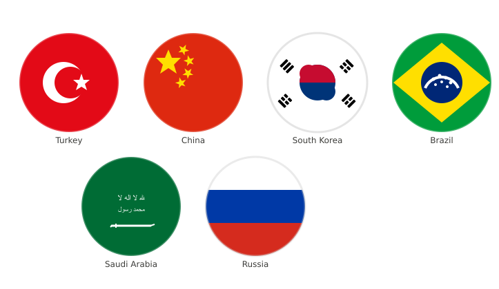Flags representing Turkey, China, South Korea, Brazil, Saudi Arabia, and Russia